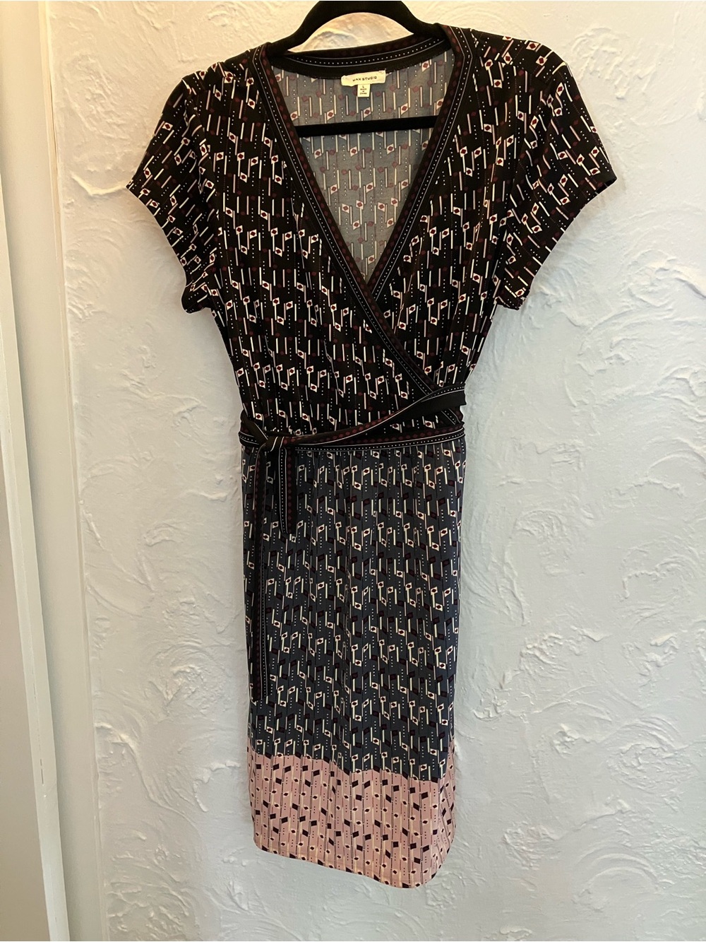 Women's Black Gray and Pink Wrap Dress - Printed Short Sleeve